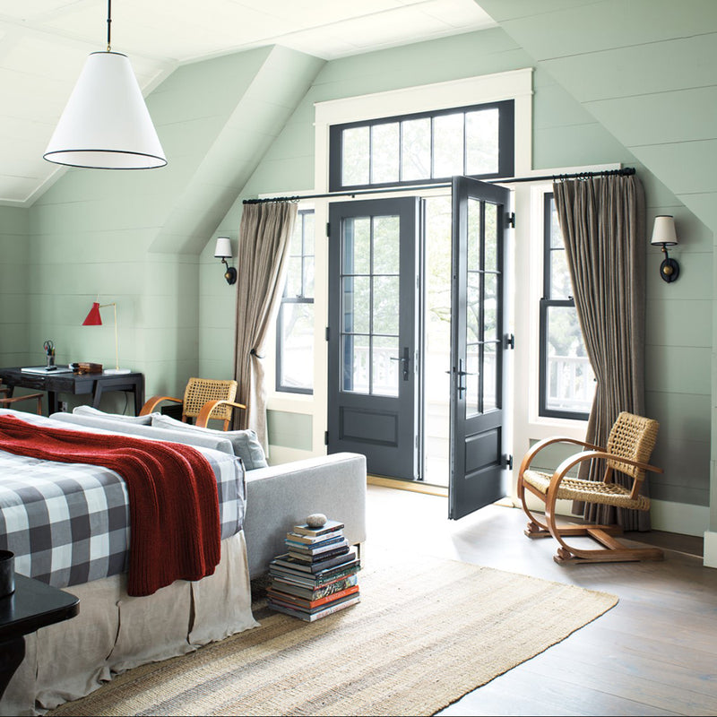 Benjamin Moore 2139-50 Silver Marlin in a bedroom. Shop soft green/blue paint tones from 2018 color trends.